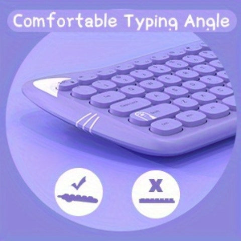 AJAZZ Purple Wireless Keyboard And Mouse, Portable 84 Key Round Key Cute Cat Ears Office Thin Keyboard, 2.4GHz Silent Click Mouse With 3 Adjustable DPI For Windows Laptop PC Notebook