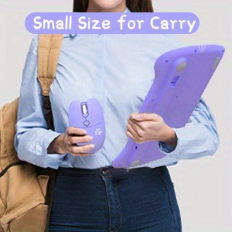 AJAZZ Purple Wireless Keyboard And Mouse, Portable 84 Key Round Key Cute Cat Ears Office Thin Keyboard, 2.4GHz Silent Click Mouse With 3 Adjustable DPI For Windows Laptop PC Notebook