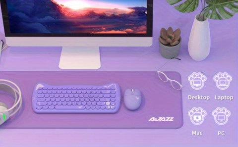 AJAZZ Purple Wireless Keyboard And Mouse, Portable 84 Key Round Key Cute Cat Ears Office Thin Keyboard, 2.4GHz Silent Click Mouse With 3 Adjustable DPI For Windows Laptop PC Notebook