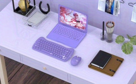 AJAZZ Purple Wireless Keyboard And Mouse, Portable 84 Key Round Key Cute Cat Ears Office Thin Keyboard, 2.4GHz Silent Click Mouse With 3 Adjustable DPI For Windows Laptop PC Notebook