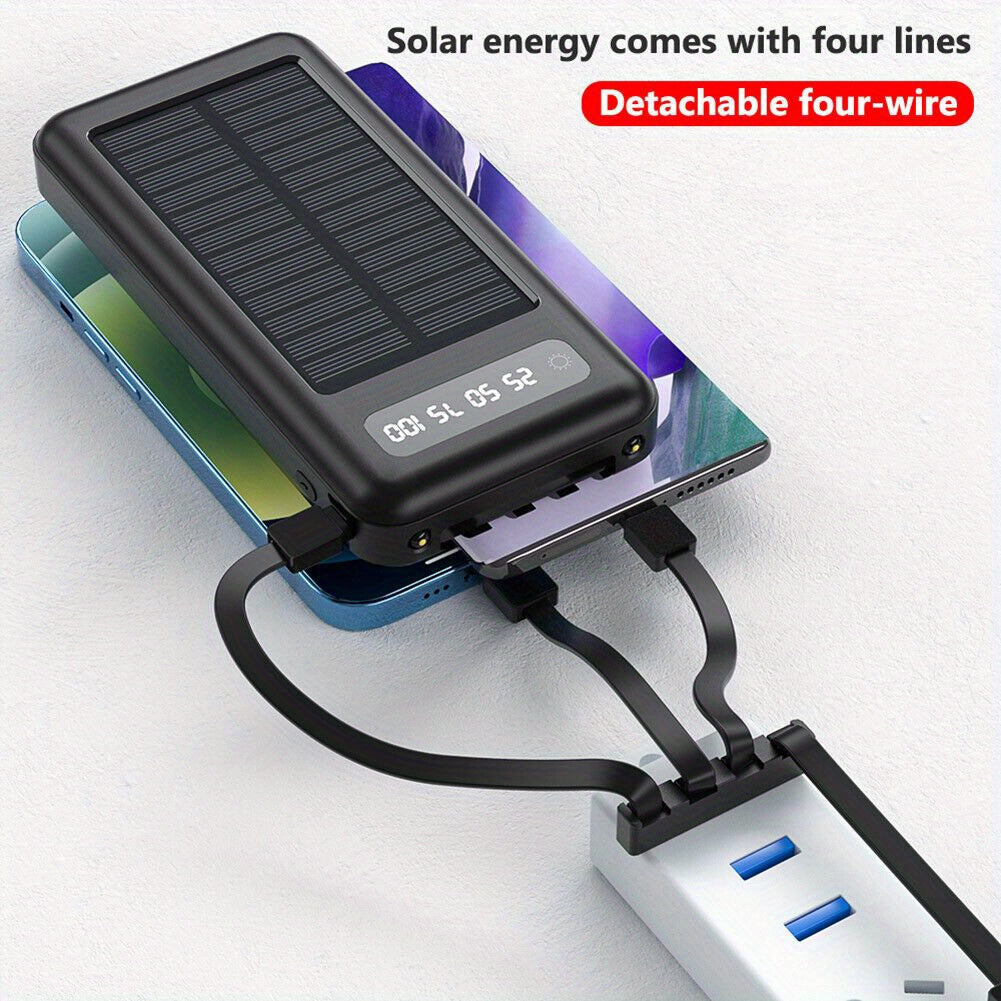 10000mAh Solar Power Bank - Portable Power Banks with 4 Cables for Universal Compatibility and On-The-Go Charging