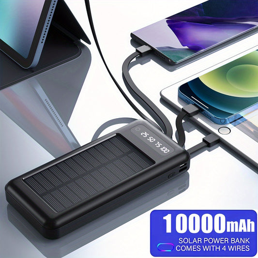 10000mAh Solar Power Bank - Portable Power Banks with 4 Cables for Universal Compatibility and On-The-Go Charging