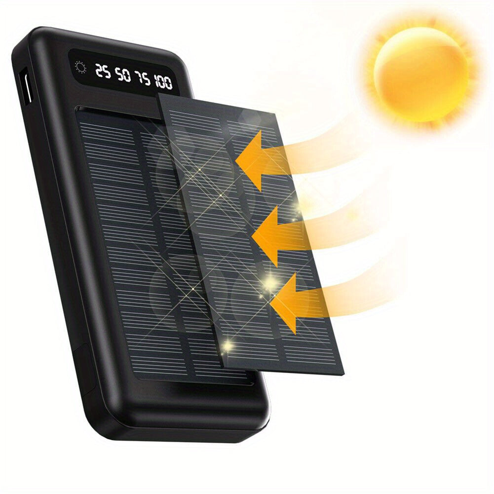 10000mAh Solar Power Bank - Portable Power Banks with 4 Cables for Universal Compatibility and On-The-Go Charging
