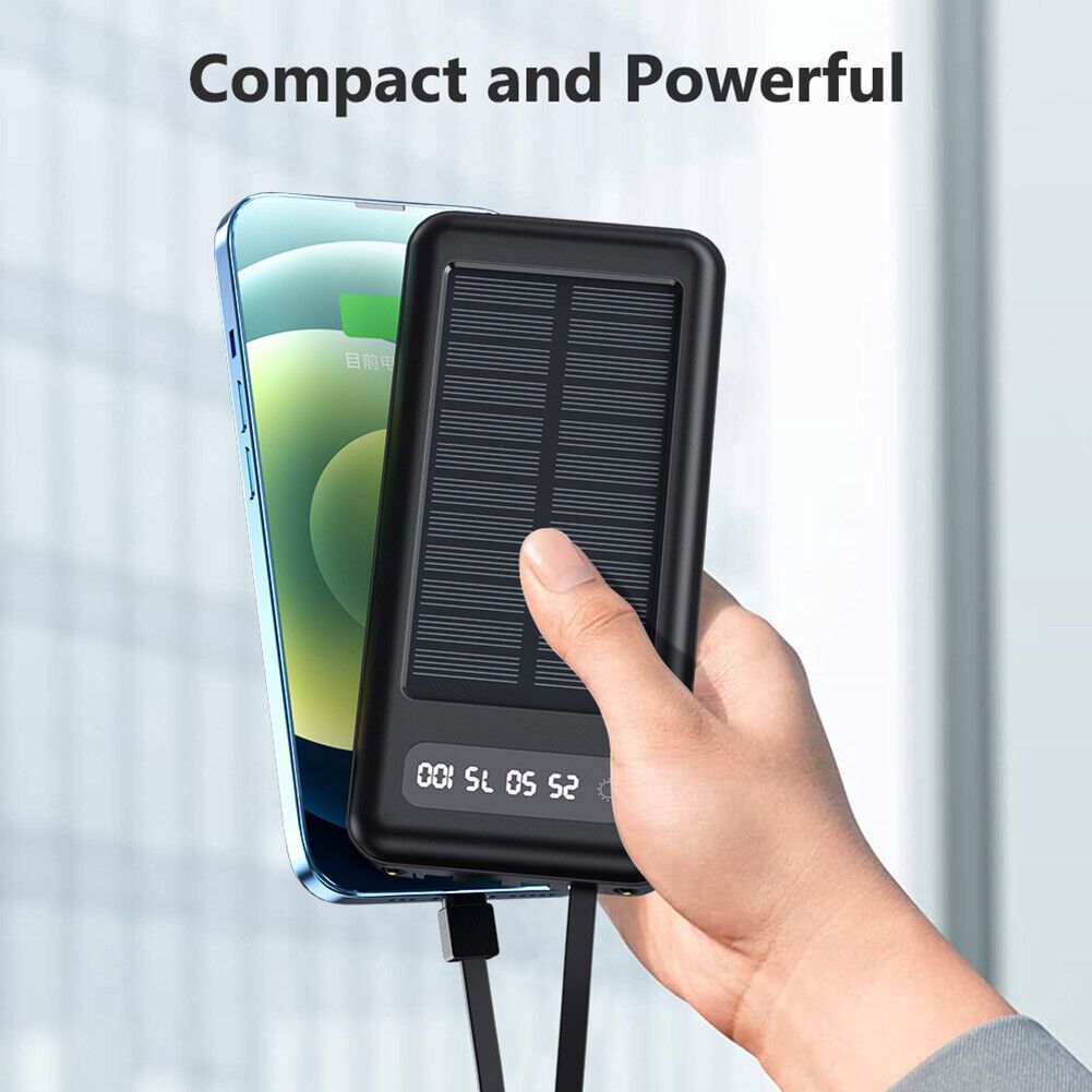 10000mAh Solar Power Bank - Portable Power Banks with 4 Cables for Universal Compatibility and On-The-Go Charging