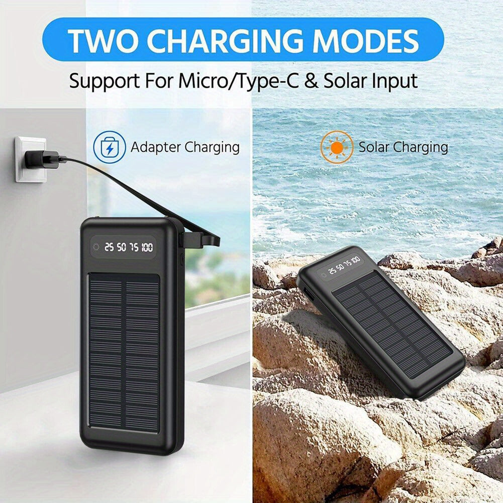 10000mAh Solar Power Bank - Portable Power Banks with 4 Cables for Universal Compatibility and On-The-Go Charging