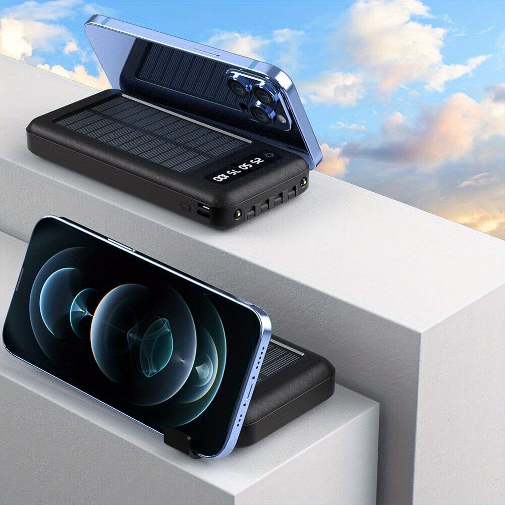 10000mAh Solar Power Bank - Portable Power Banks with 4 Cables for Universal Compatibility and On-The-Go Charging