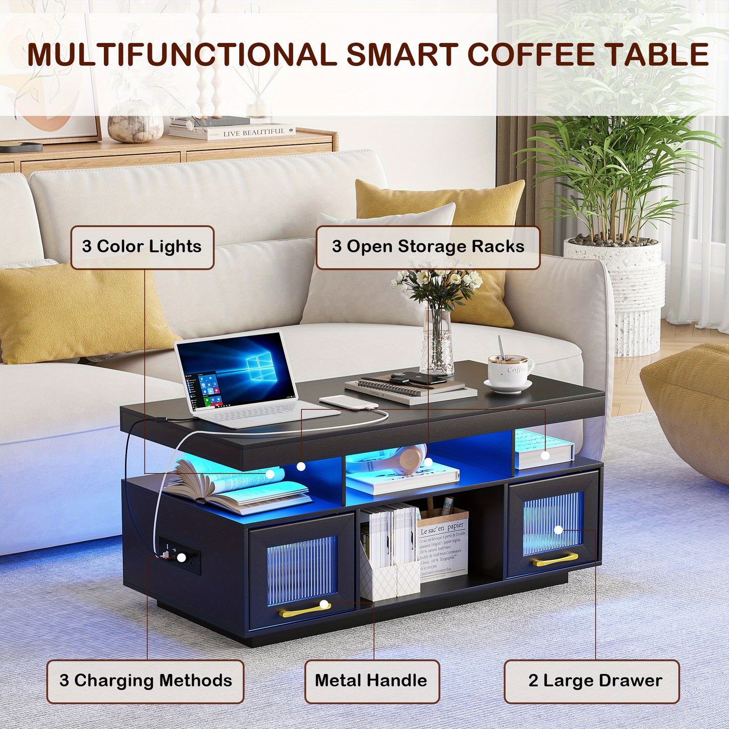 Lvifur Coffee Table with LED Lights and Charging Station, Modern Coffee Tables with Motion Sensor Lights, Center Tea Table for Living Room