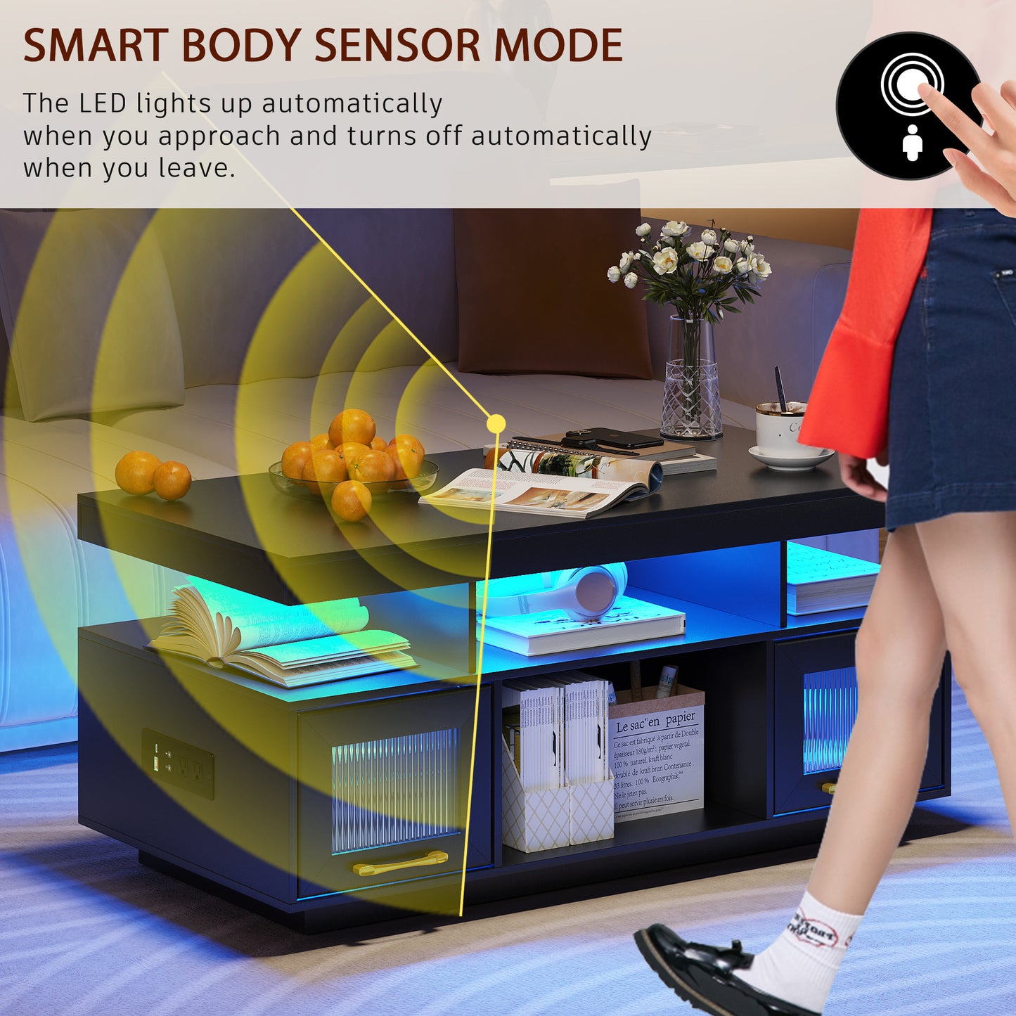 Lvifur Coffee Table with LED Lights and Charging Station, Modern Coffee Tables with Motion Sensor Lights, Center Tea Table for Living Room