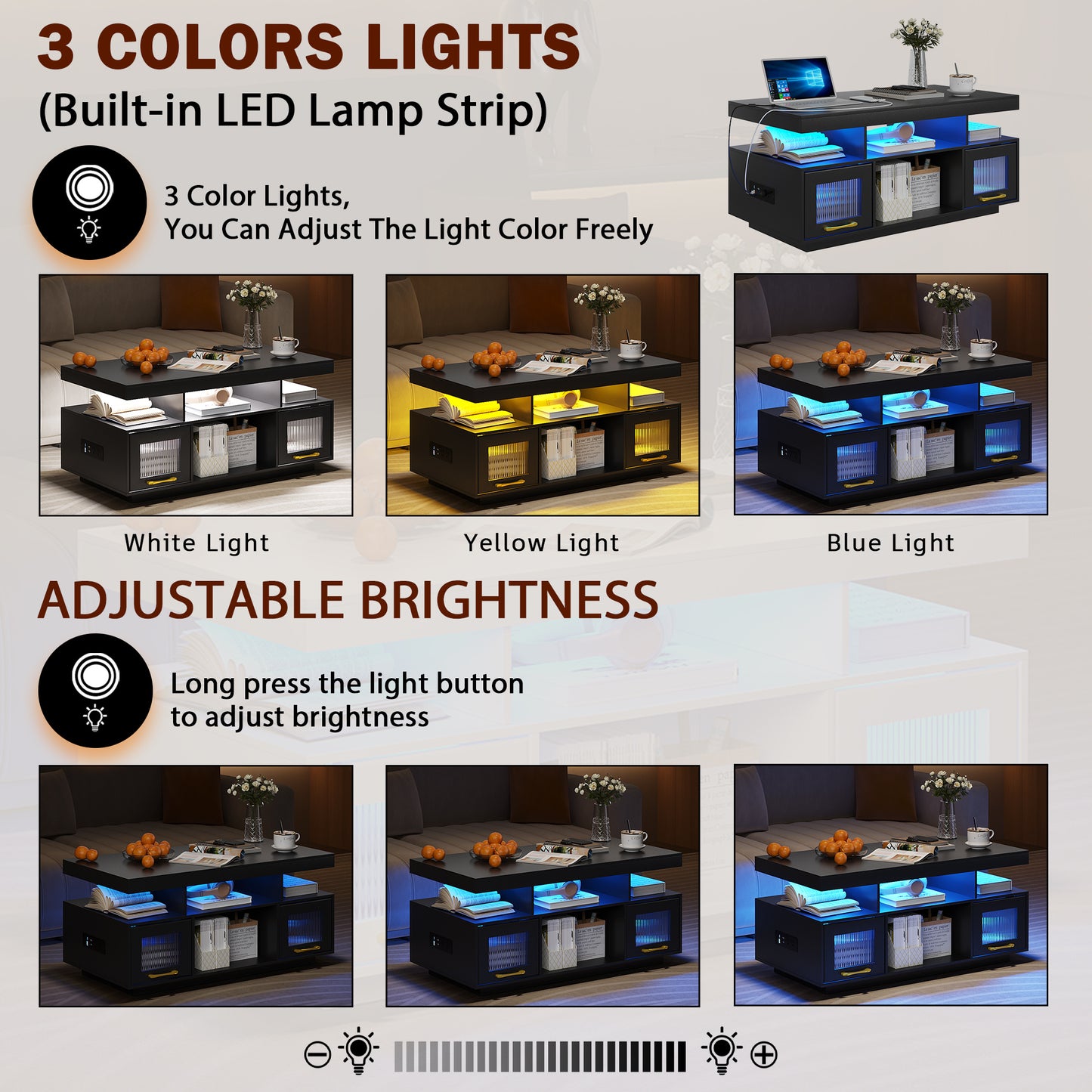 Lvifur Coffee Table with LED Lights and Charging Station, Modern Coffee Tables with Motion Sensor Lights, Center Tea Table for Living Room