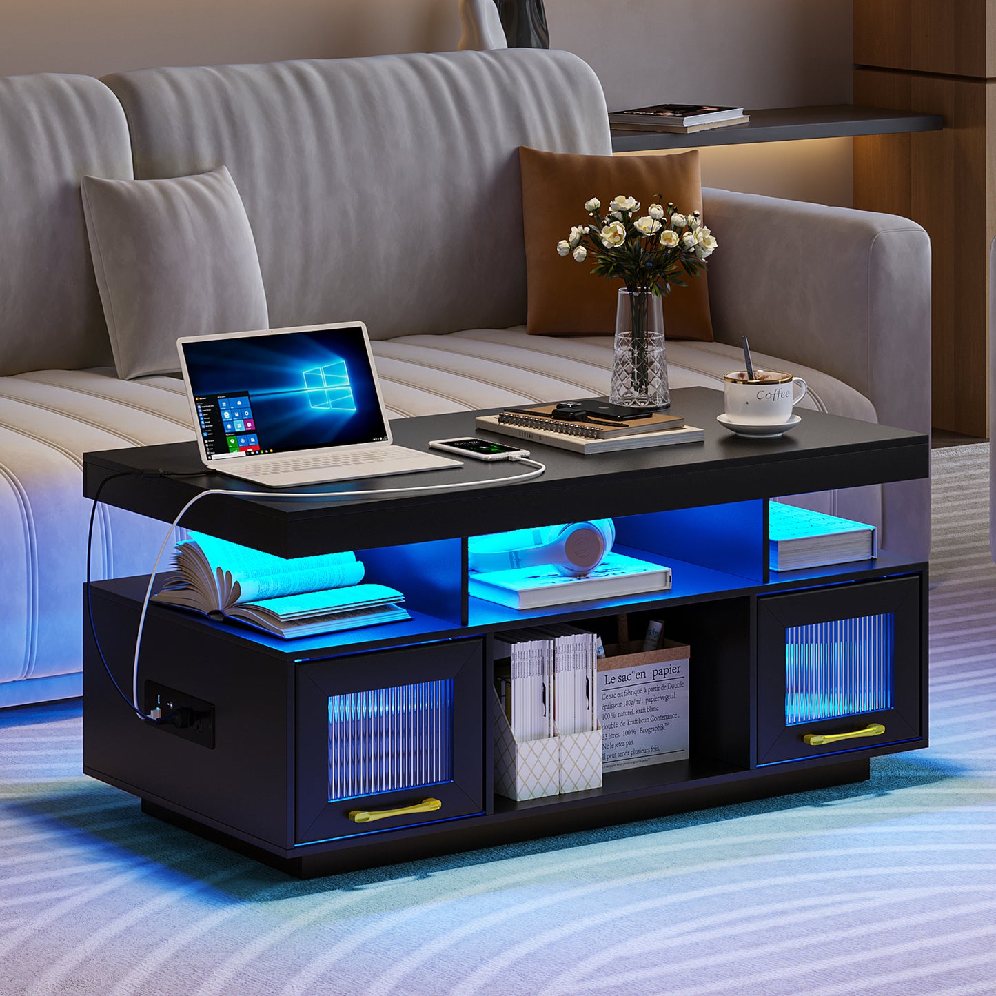 Lvifur Coffee Table with LED Lights and Charging Station, Modern Coffee Tables with Motion Sensor Lights, Center Tea Table for Living Room