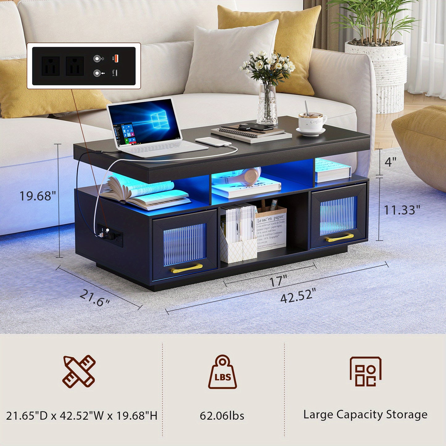 Lvifur Coffee Table with LED Lights and Charging Station, Modern Coffee Tables with Motion Sensor Lights, Center Tea Table for Living Room