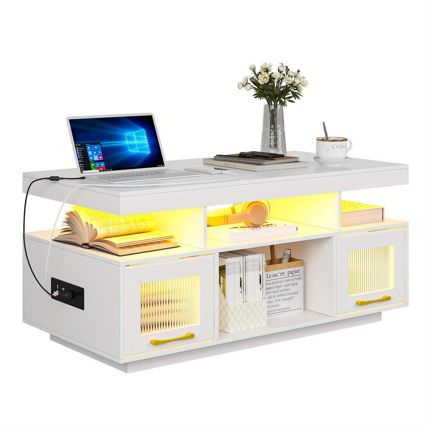 Lvifur Coffee Table with LED Lights and Charging Station, Modern Coffee Tables with Motion Sensor Lights, Center Tea Table for Living Room