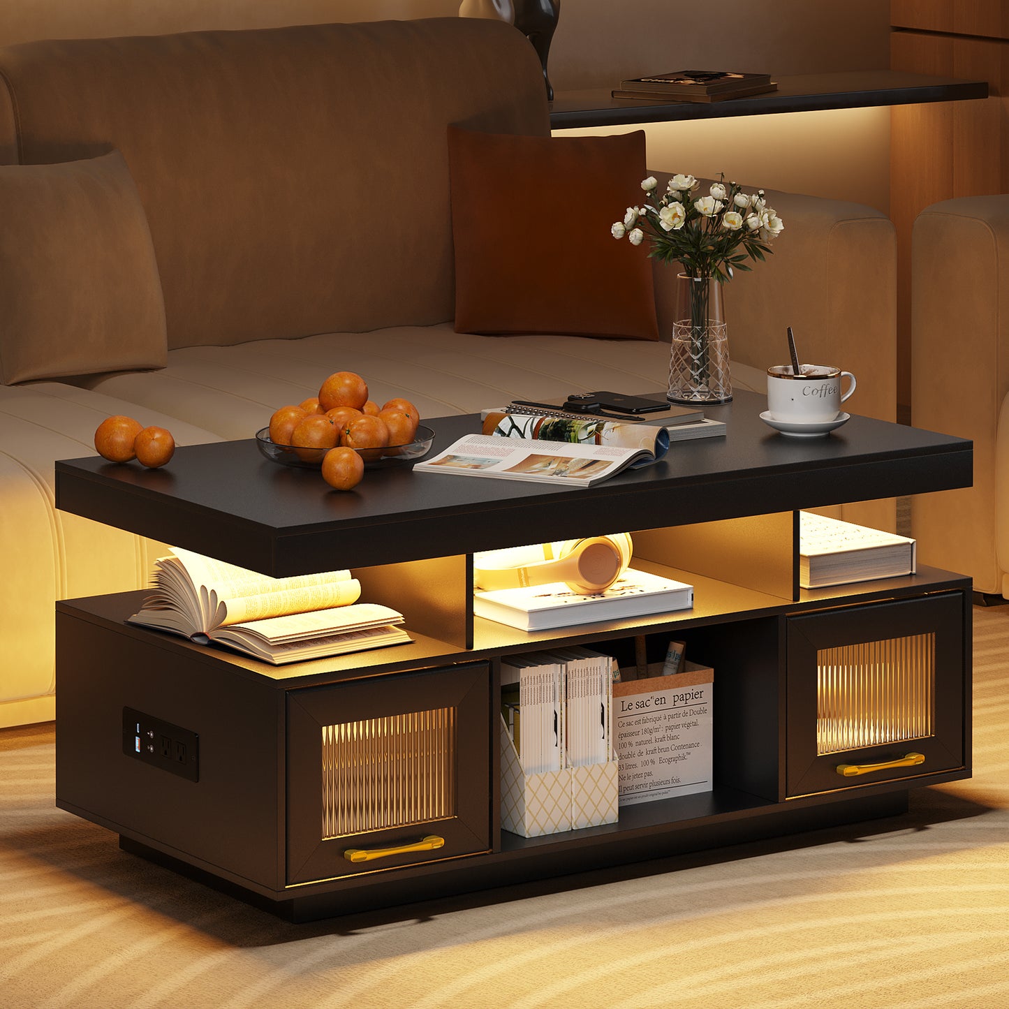 Lvifur Coffee Table with LED Lights and Charging Station, Modern Coffee Tables with Motion Sensor Lights, Center Tea Table for Living Room