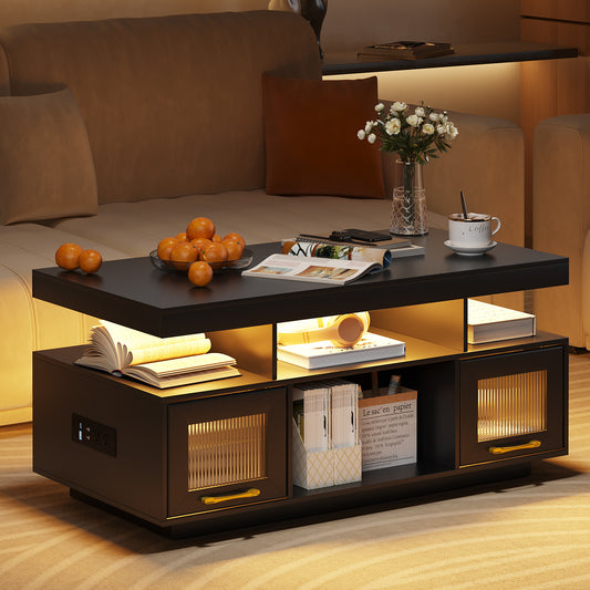 Lvifur Coffee Table with LED Lights and Charging Station, Modern Coffee Tables with Motion Sensor Lights, Center Tea Table for Living Room