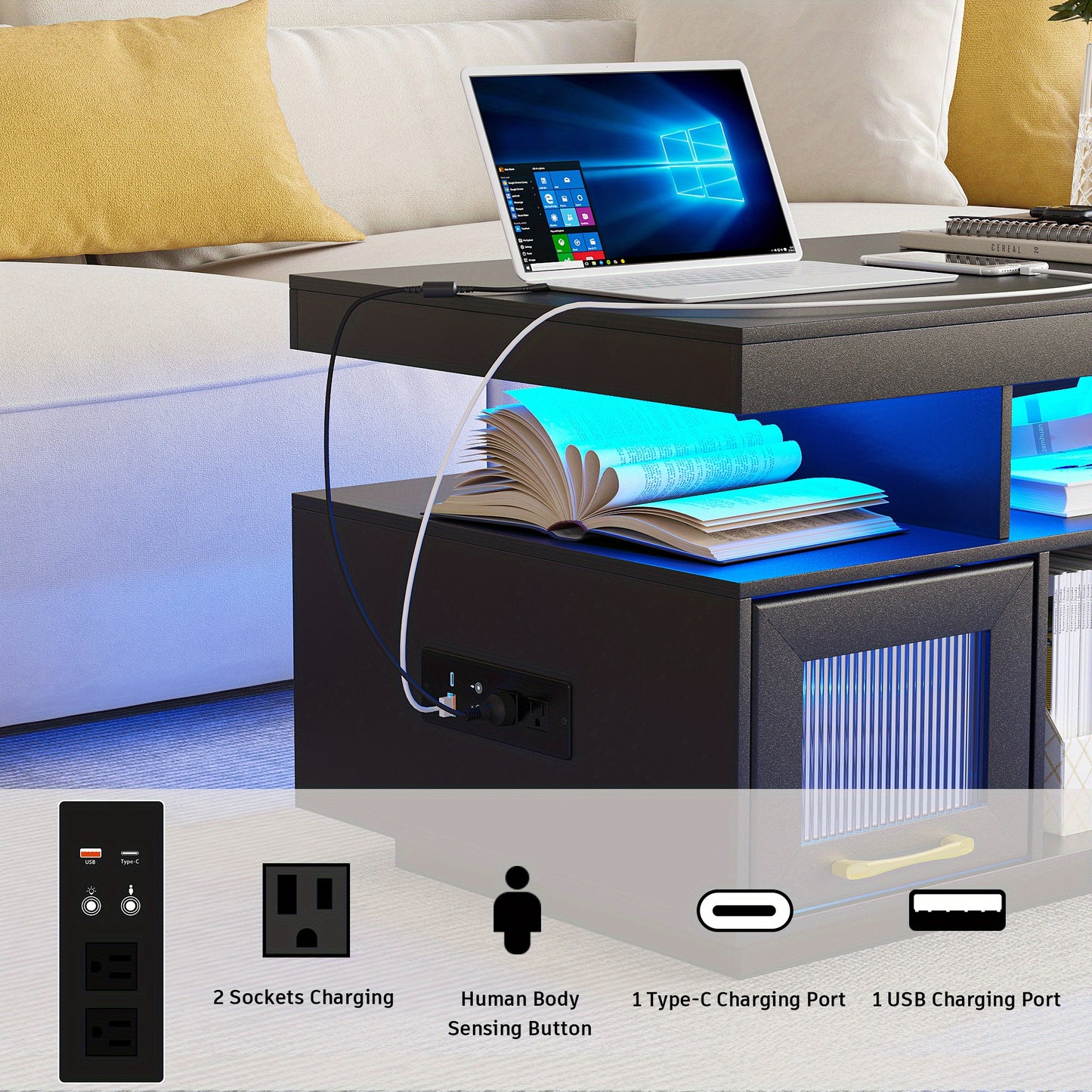 Lvifur Coffee Table with LED Lights and Charging Station, Modern Coffee Tables with Motion Sensor Lights, Center Tea Table for Living Room