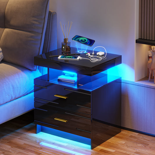 HWB LED Nightstand with Motion Sensor Lights, Modern Bedside Table with Wireless Charging Station, Smart Night Stand with Drawers/ RGB Lights, High Gloss Bed Side Table for Bedroom/ Living Room