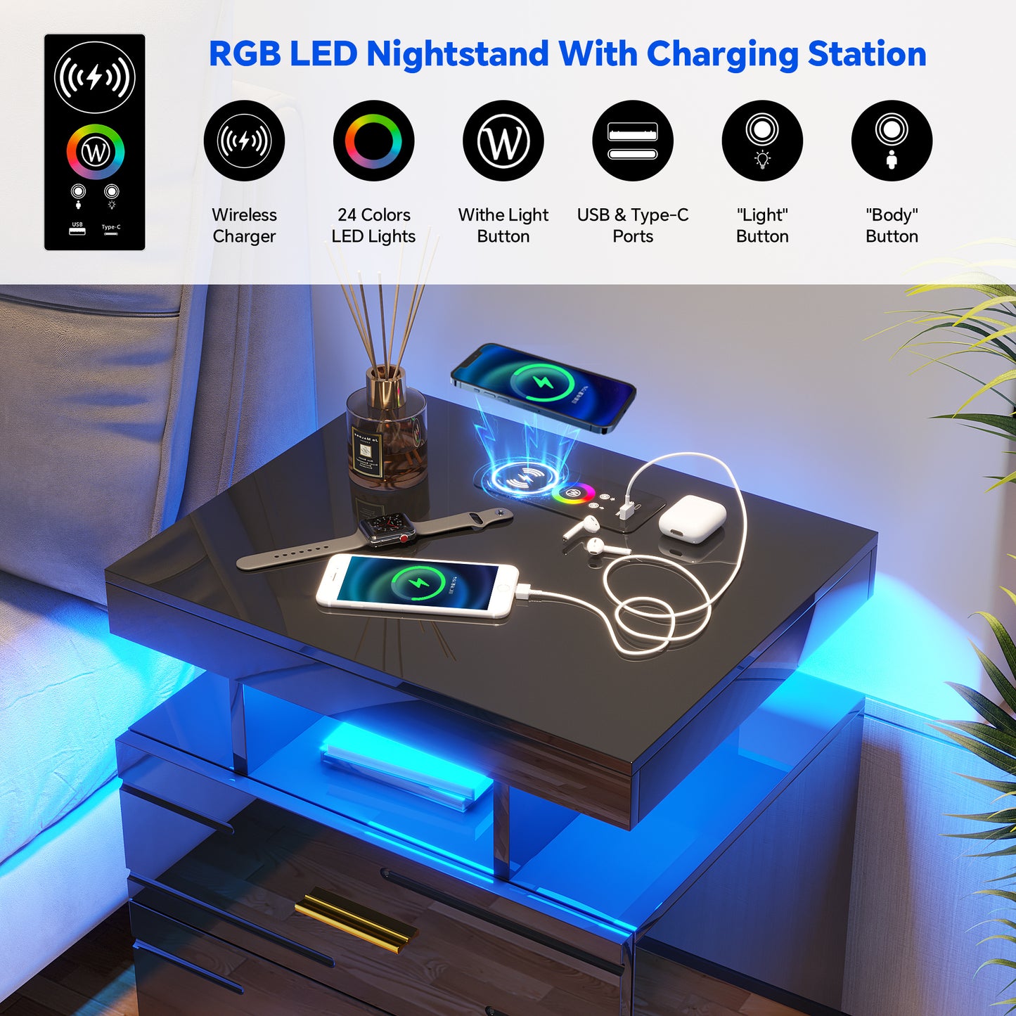 HWB LED Nightstand with Motion Sensor Lights, Modern Bedside Table with Wireless Charging Station, Smart Night Stand with Drawers/ RGB Lights, High Gloss Bed Side Table for Bedroom/ Living Room
