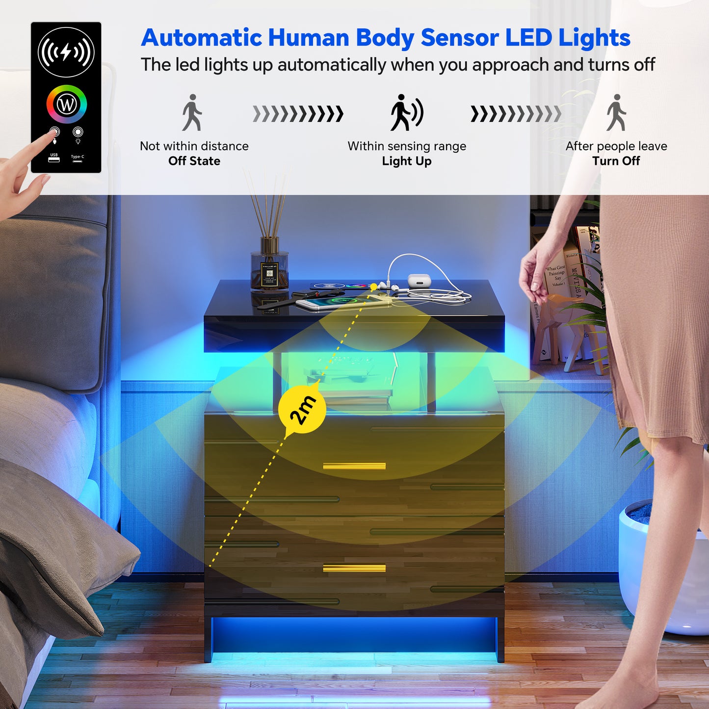 HWB LED Nightstand with Motion Sensor Lights, Modern Bedside Table with Wireless Charging Station, Smart Night Stand with Drawers/ RGB Lights, High Gloss Bed Side Table for Bedroom/ Living Room
