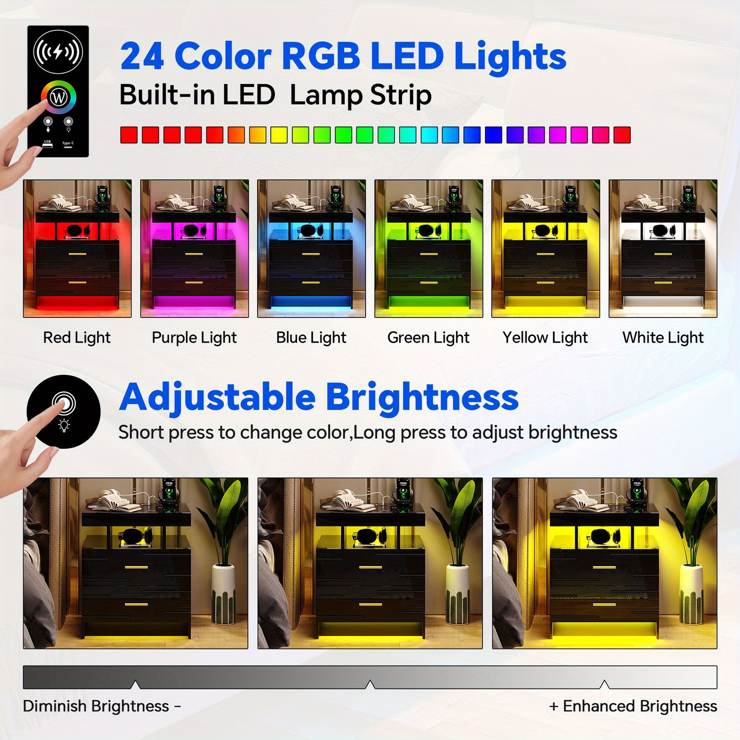 HWB LED Nightstand with Motion Sensor Lights, Modern Bedside Table with Wireless Charging Station, Smart Night Stand with Drawers/ RGB Lights, High Gloss Bed Side Table for Bedroom/ Living Room