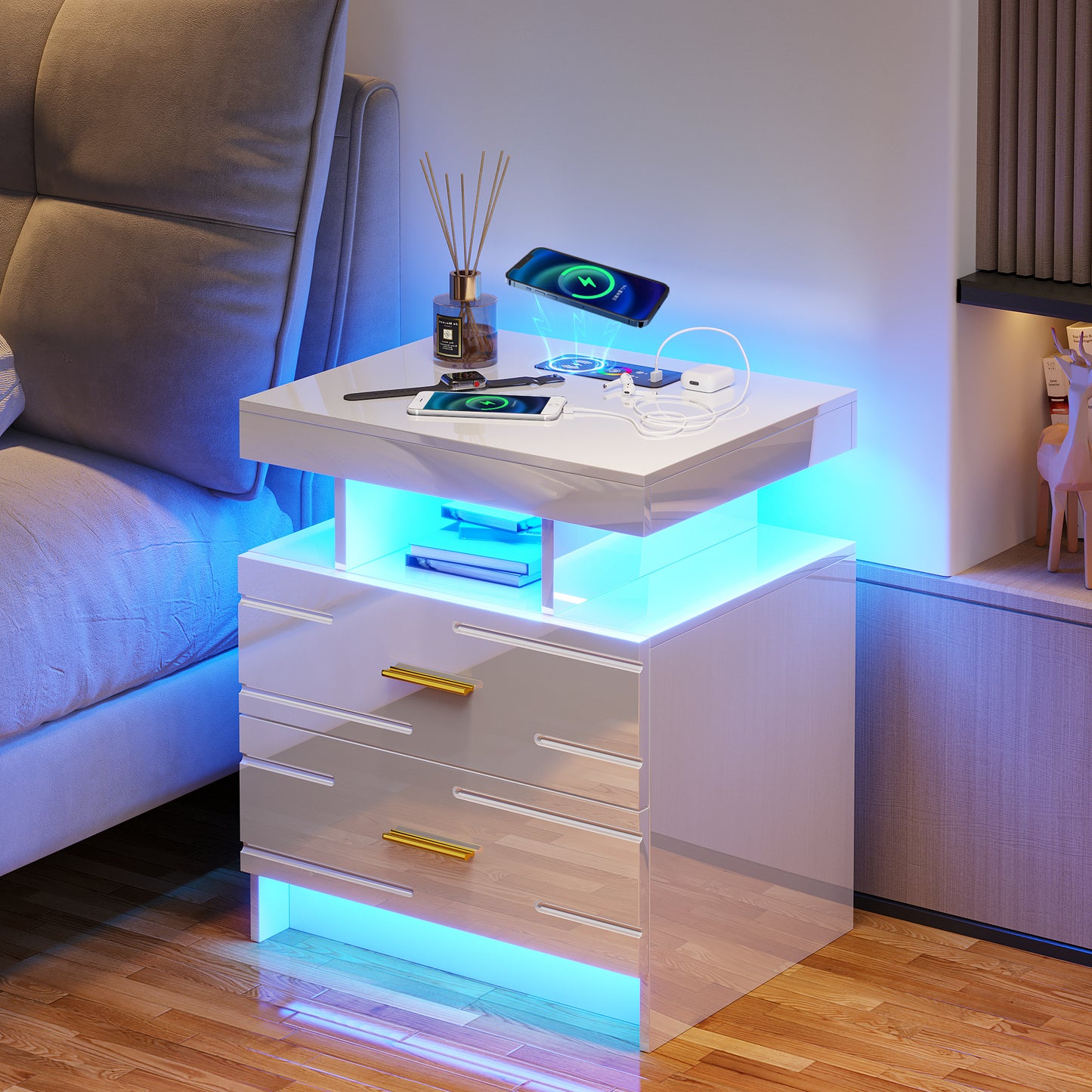 HWB LED Nightstand with Motion Sensor Lights, Modern Bedside Table with Wireless Charging Station, Smart Night Stand with Drawers/ RGB Lights, High Gloss Bed Side Table for Bedroom/ Living Room