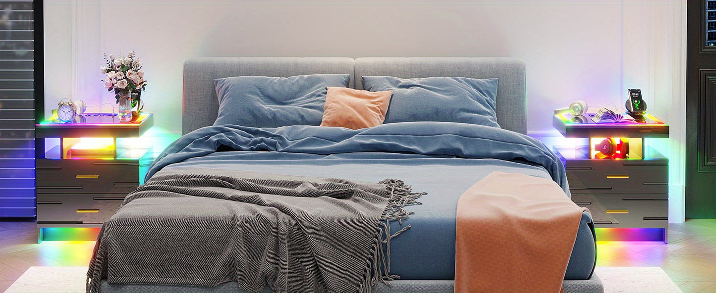 HWB LED Nightstand with Motion Sensor Lights, Modern Bedside Table with Wireless Charging Station, Smart Night Stand with Drawers/ RGB Lights, High Gloss Bed Side Table for Bedroom/ Living Room