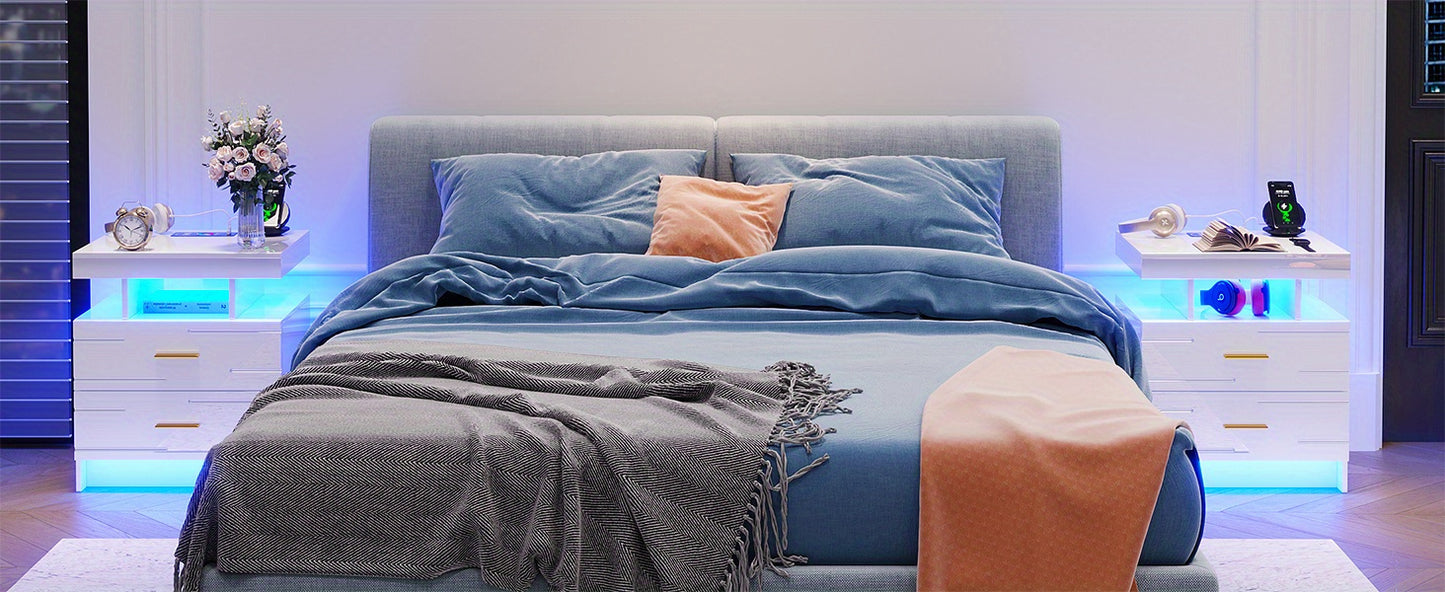 HWB LED Nightstand with Motion Sensor Lights, Modern Bedside Table with Wireless Charging Station, Smart Night Stand with Drawers/ RGB Lights, High Gloss Bed Side Table for Bedroom/ Living Room