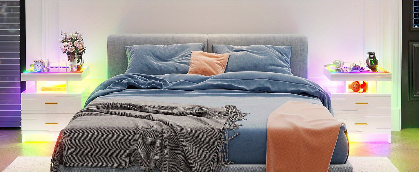 HWB LED Nightstand with Motion Sensor Lights, Modern Bedside Table with Wireless Charging Station, Smart Night Stand with Drawers/ RGB Lights, High Gloss Bed Side Table for Bedroom/ Living Room