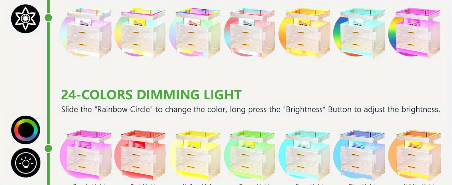 HWB LED Nightstand with Motion Sensor Lights, Modern Bedside Table with Wireless Charging Station, Smart Night Stand with Drawers/ RGB Lights, High Gloss Bed Side Table for Bedroom/ Living Room