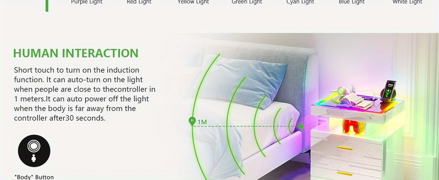 HWB LED Nightstand with Motion Sensor Lights, Modern Bedside Table with Wireless Charging Station, Smart Night Stand with Drawers/ RGB Lights, High Gloss Bed Side Table for Bedroom/ Living Room