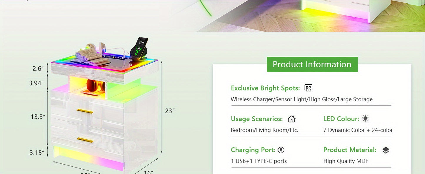 HWB LED Nightstand with Motion Sensor Lights, Modern Bedside Table with Wireless Charging Station, Smart Night Stand with Drawers/ RGB Lights, High Gloss Bed Side Table for Bedroom/ Living Room