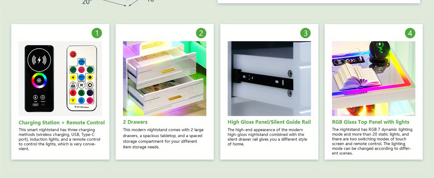 HWB LED Nightstand with Motion Sensor Lights, Modern Bedside Table with Wireless Charging Station, Smart Night Stand with Drawers/ RGB Lights, High Gloss Bed Side Table for Bedroom/ Living Room