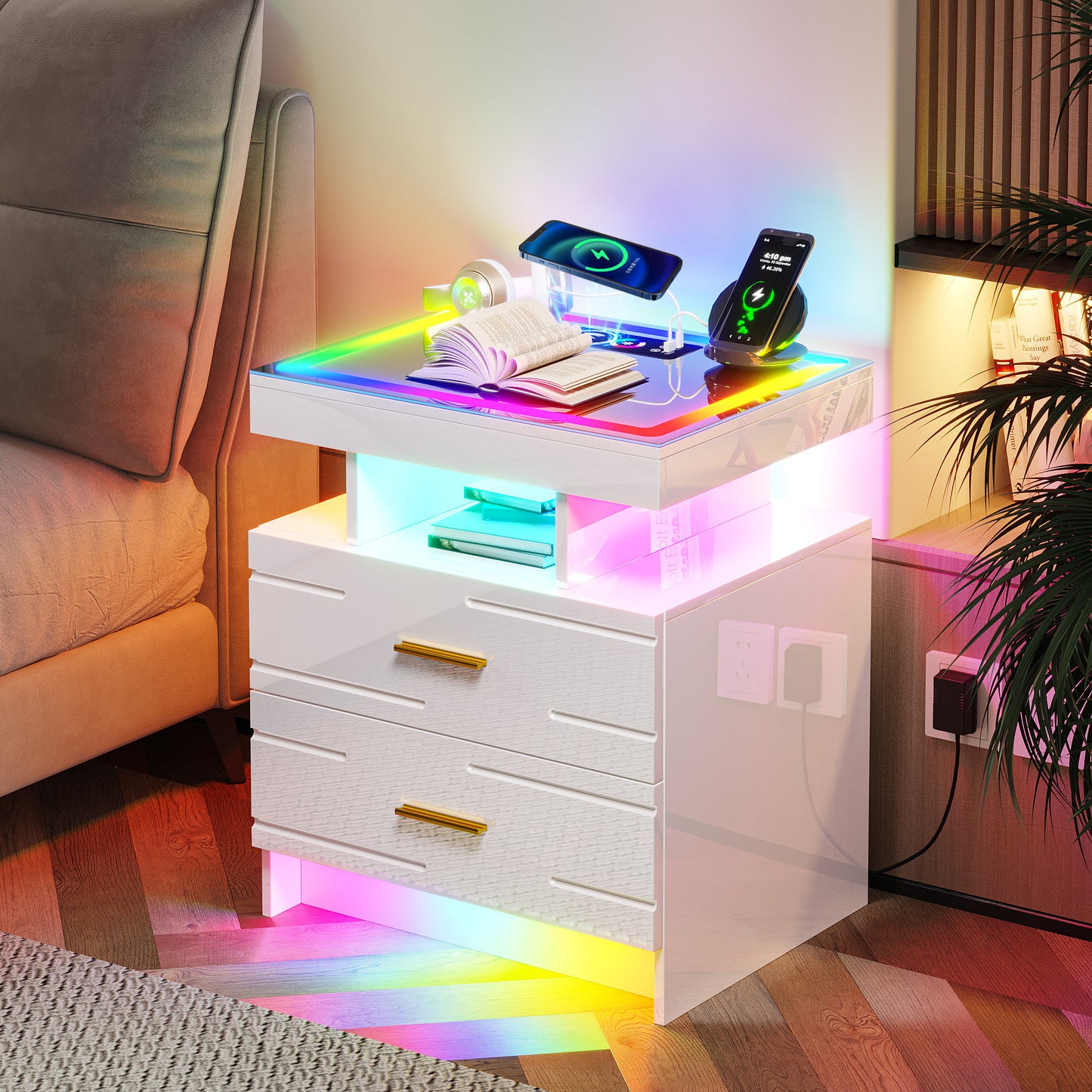 HWB LED Nightstand with Motion Sensor Lights, Modern Bedside Table with Wireless Charging Station, Smart Night Stand with Drawers/ RGB Lights, High Gloss Bed Side Table for Bedroom/ Living Room