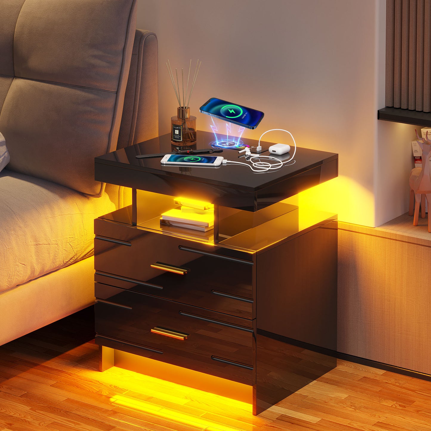 HWB LED Nightstand with Motion Sensor Lights, Modern Bedside Table with Wireless Charging Station, Smart Night Stand with Drawers/ RGB Lights, High Gloss Bed Side Table for Bedroom/ Living Room