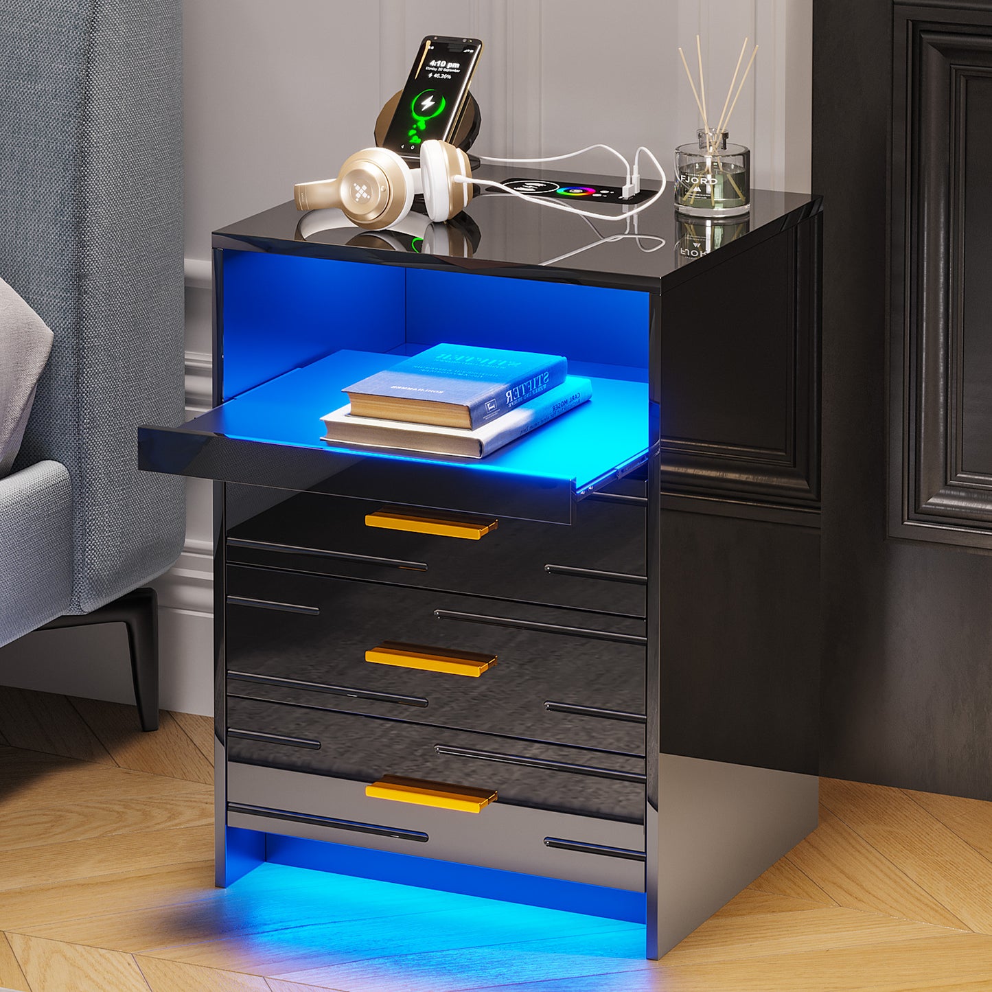 HWB RGB LED Nightstand with Wireless Charging Station, Smart Night Stand with Motion Sensor Lights, High Gloss White Nightstand with 3 Drawers for Bedroom, Modern Bedside Tables