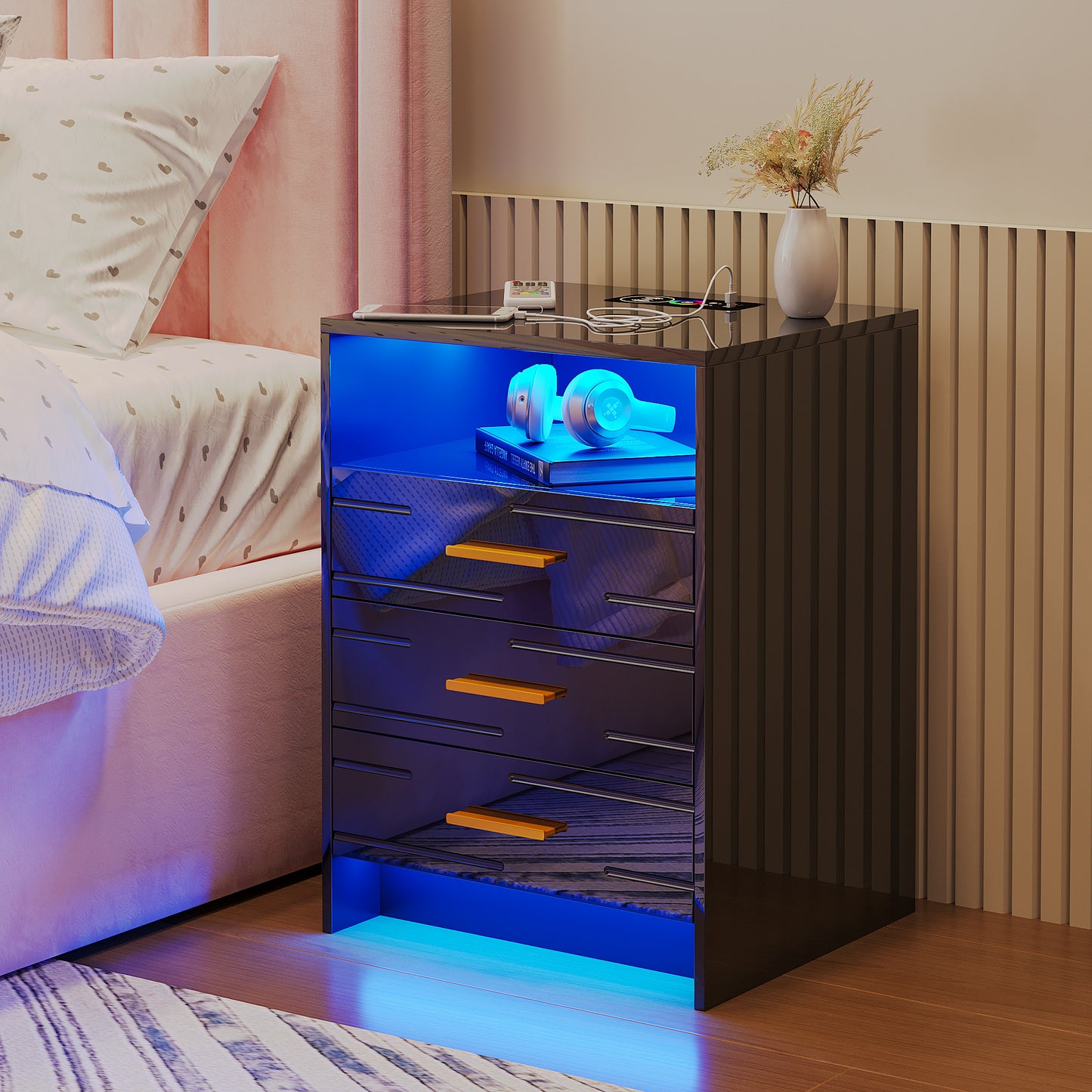 HWB RGB LED Nightstand with Wireless Charging Station, Smart Night Stand with Motion Sensor Lights, High Gloss White Nightstand with 3 Drawers for Bedroom, Modern Bedside Tables