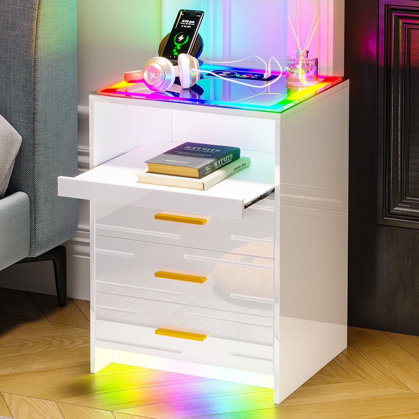 HWB RGB LED Nightstand with Wireless Charging Station, Smart Night Stand with Motion Sensor Lights, High Gloss White Nightstand with 3 Drawers for Bedroom, Modern Bedside Tables