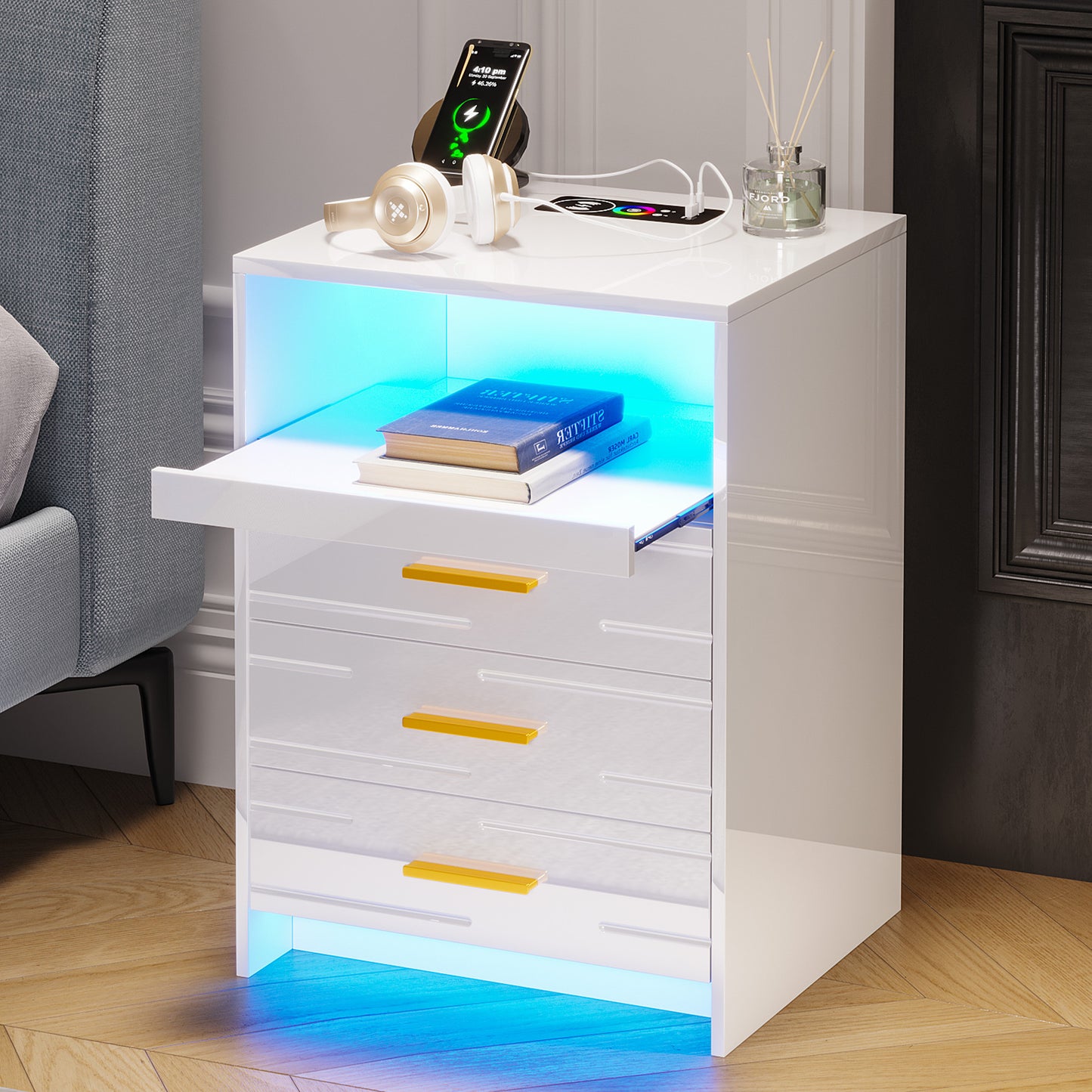 HWB RGB LED Nightstand with Wireless Charging Station, Smart Night Stand with Motion Sensor Lights, High Gloss White Nightstand with 3 Drawers for Bedroom, Modern Bedside Tables