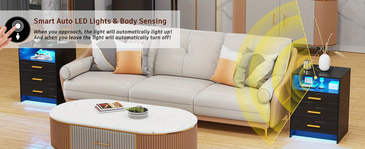 HWB RGB LED Nightstand with Wireless Charging Station, Smart Night Stand with Motion Sensor Lights, High Gloss White Nightstand with 3 Drawers for Bedroom, Modern Bedside Tables