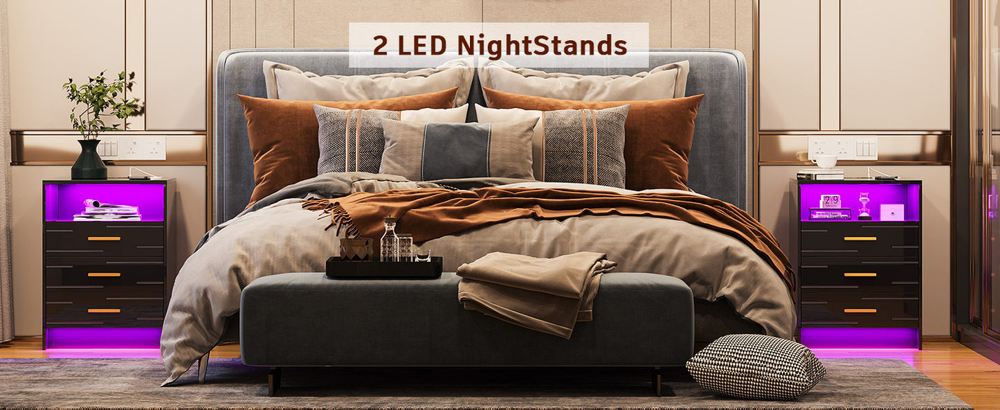 HWB RGB LED Nightstand with Wireless Charging Station, Smart Night Stand with Motion Sensor Lights, High Gloss White Nightstand with 3 Drawers for Bedroom, Modern Bedside Tables