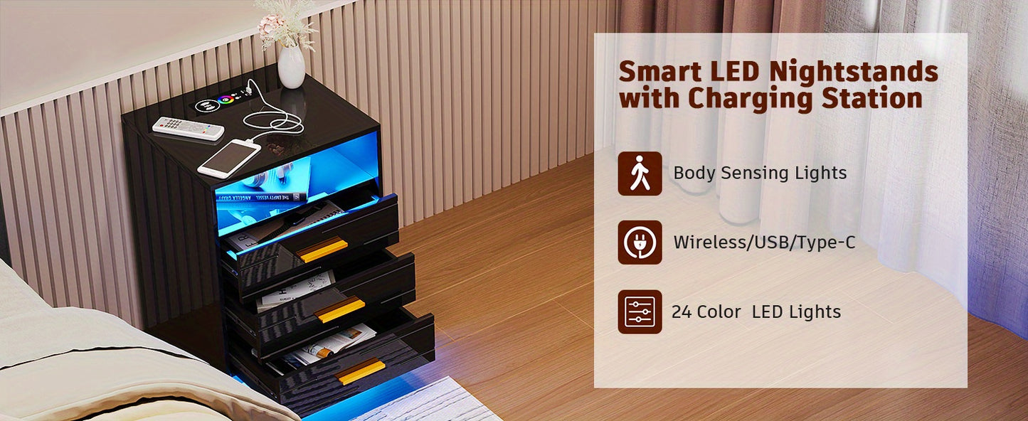 HWB RGB LED Nightstand with Wireless Charging Station, Smart Night Stand with Motion Sensor Lights, High Gloss White Nightstand with 3 Drawers for Bedroom, Modern Bedside Tables