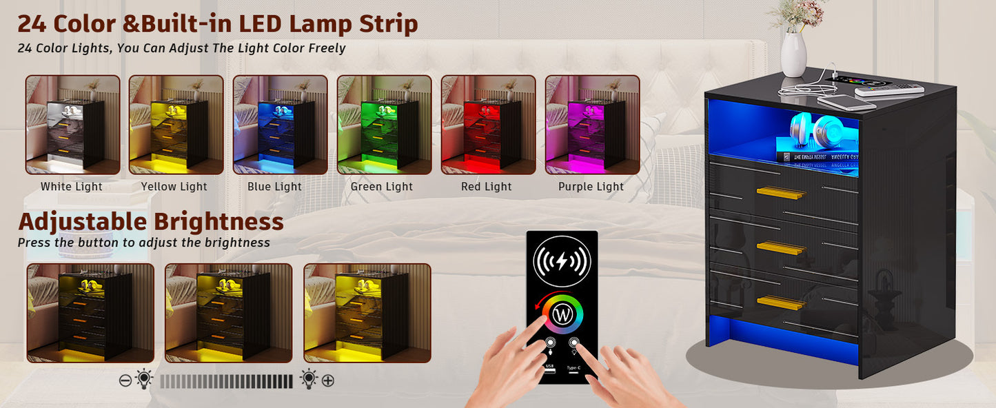 HWB RGB LED Nightstand with Wireless Charging Station, Smart Night Stand with Motion Sensor Lights, High Gloss White Nightstand with 3 Drawers for Bedroom, Modern Bedside Tables