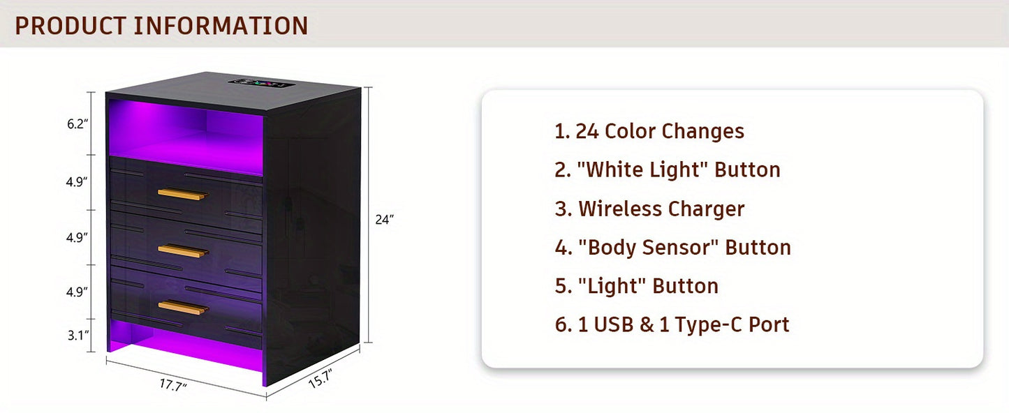 HWB RGB LED Nightstand with Wireless Charging Station, Smart Night Stand with Motion Sensor Lights, High Gloss White Nightstand with 3 Drawers for Bedroom, Modern Bedside Tables