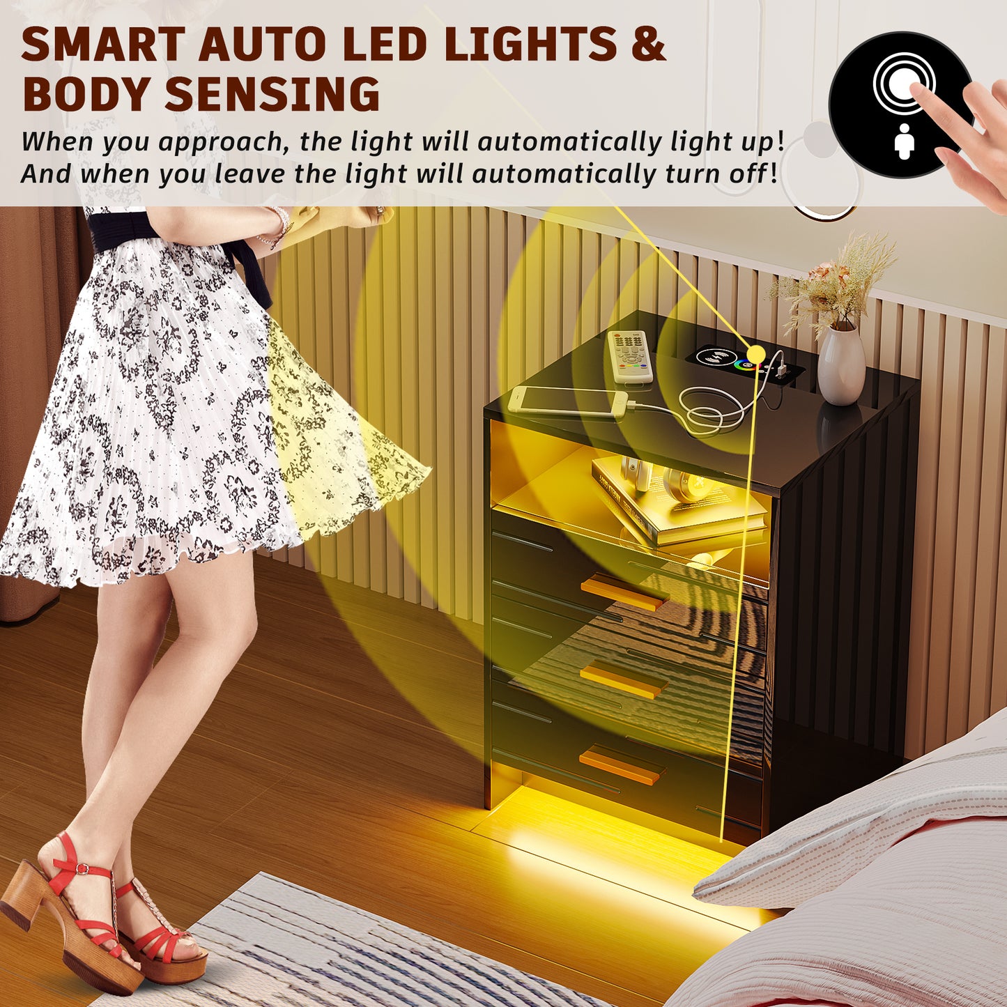 HWB RGB LED Nightstand with Wireless Charging Station, Smart Night Stand with Motion Sensor Lights, High Gloss White Nightstand with 3 Drawers for Bedroom, Modern Bedside Tables