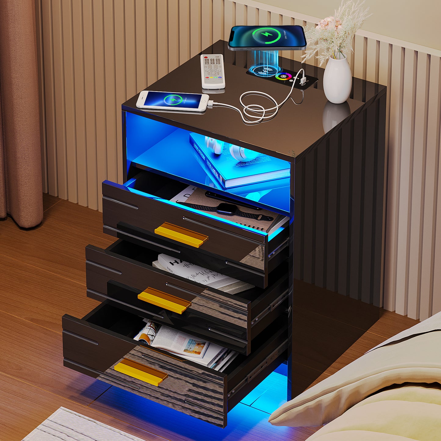 HWB RGB LED Nightstand with Wireless Charging Station, Smart Night Stand with Motion Sensor Lights, High Gloss White Nightstand with 3 Drawers for Bedroom, Modern Bedside Tables