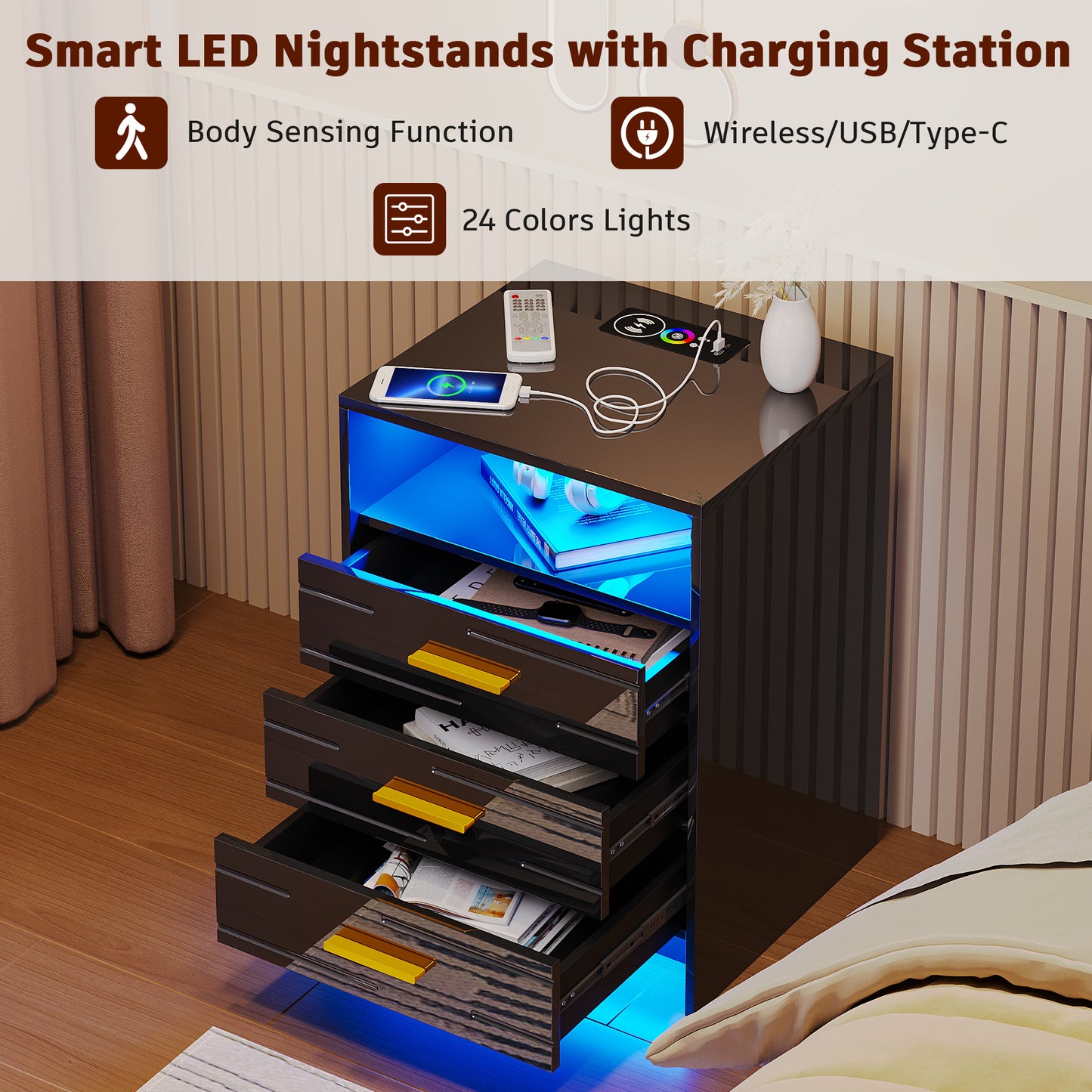 HWB RGB LED Nightstand with Wireless Charging Station, Smart Night Stand with Motion Sensor Lights, High Gloss White Nightstand with 3 Drawers for Bedroom, Modern Bedside Tables