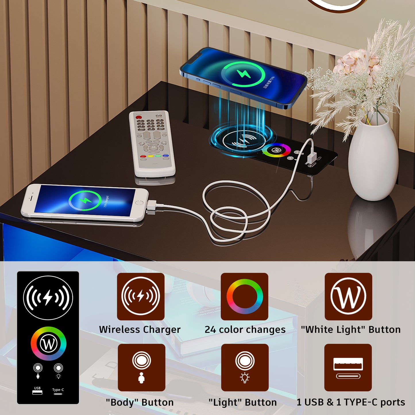 HWB RGB LED Nightstand with Wireless Charging Station, Smart Night Stand with Motion Sensor Lights, High Gloss White Nightstand with 3 Drawers for Bedroom, Modern Bedside Tables