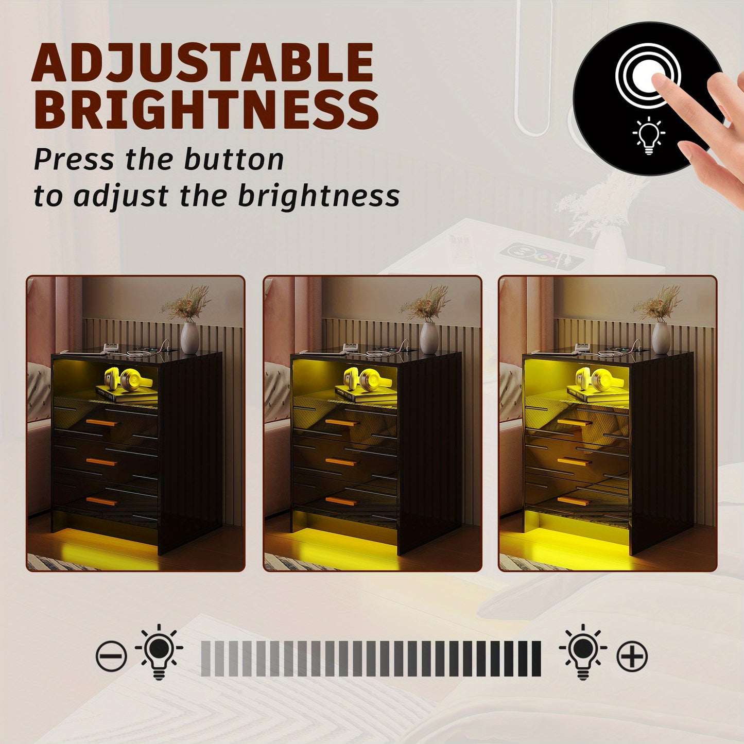 HWB RGB LED Nightstand with Wireless Charging Station, Smart Night Stand with Motion Sensor Lights, High Gloss White Nightstand with 3 Drawers for Bedroom, Modern Bedside Tables