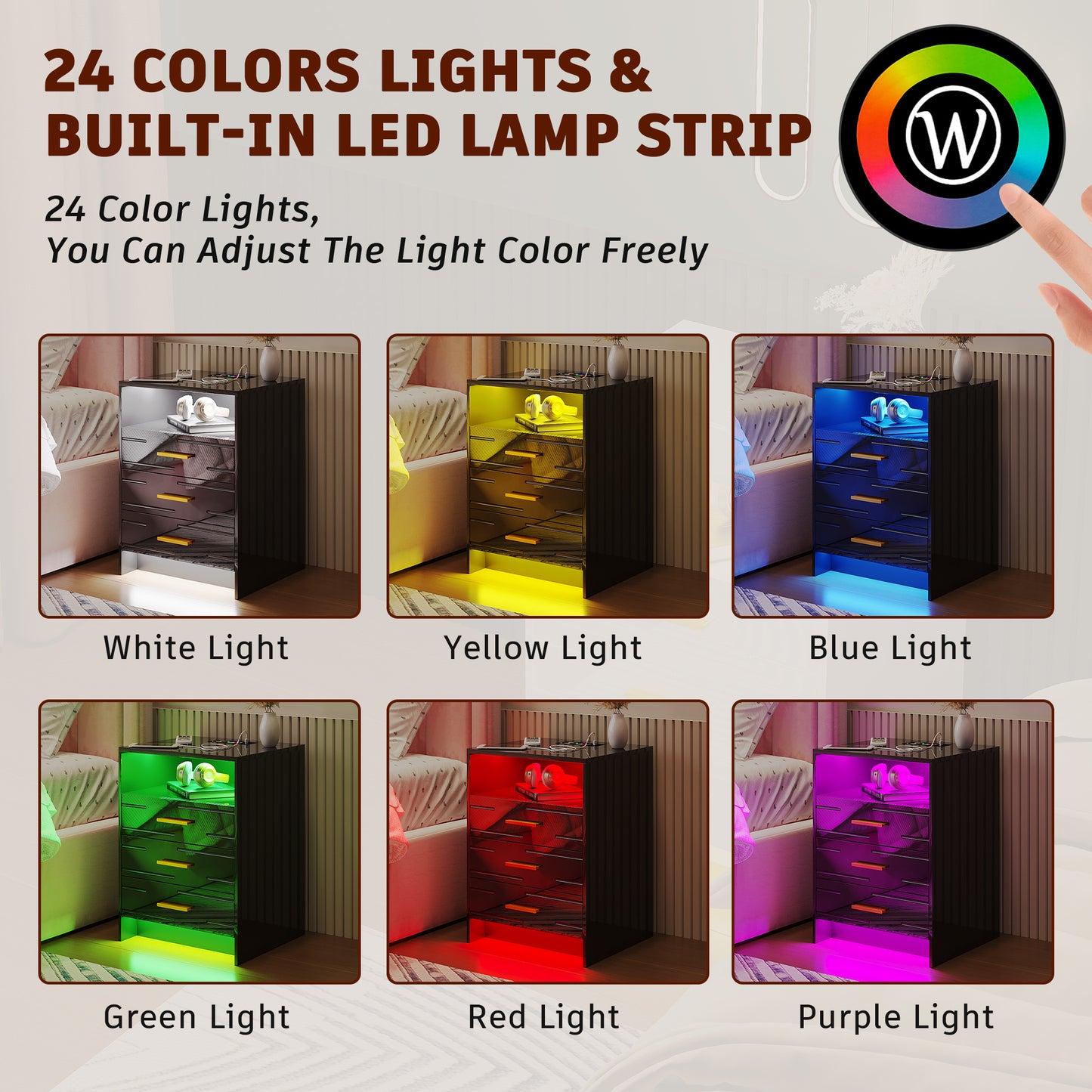 HWB RGB LED Nightstand with Wireless Charging Station, Smart Night Stand with Motion Sensor Lights, High Gloss White Nightstand with 3 Drawers for Bedroom, Modern Bedside Tables