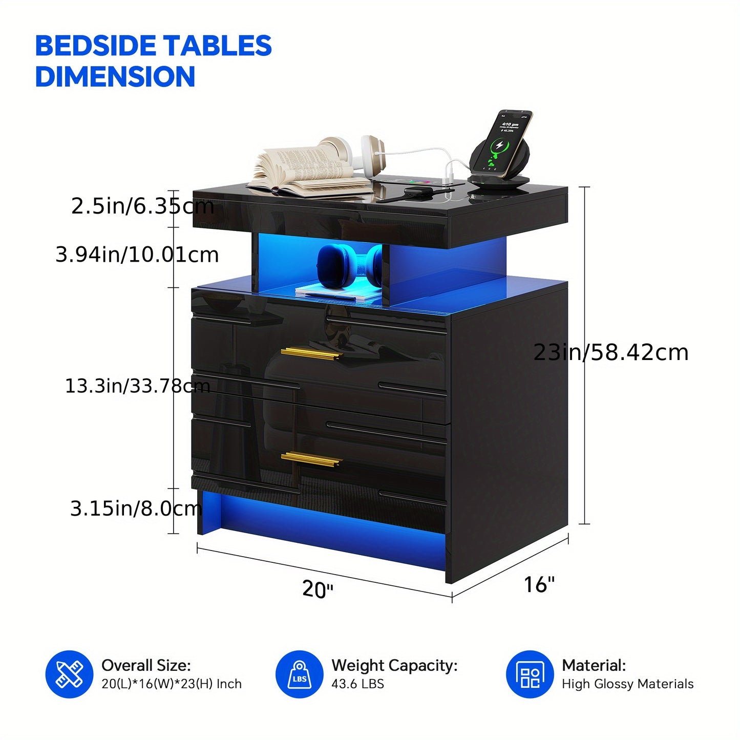 HWB LED Nightstand with Motion Sensor Lights, Modern Bedside Table with Wireless Charging Station, Smart Night Stand with Drawers/ RGB Lights, High Gloss Bed Side Table for Bedroom/ Living Room