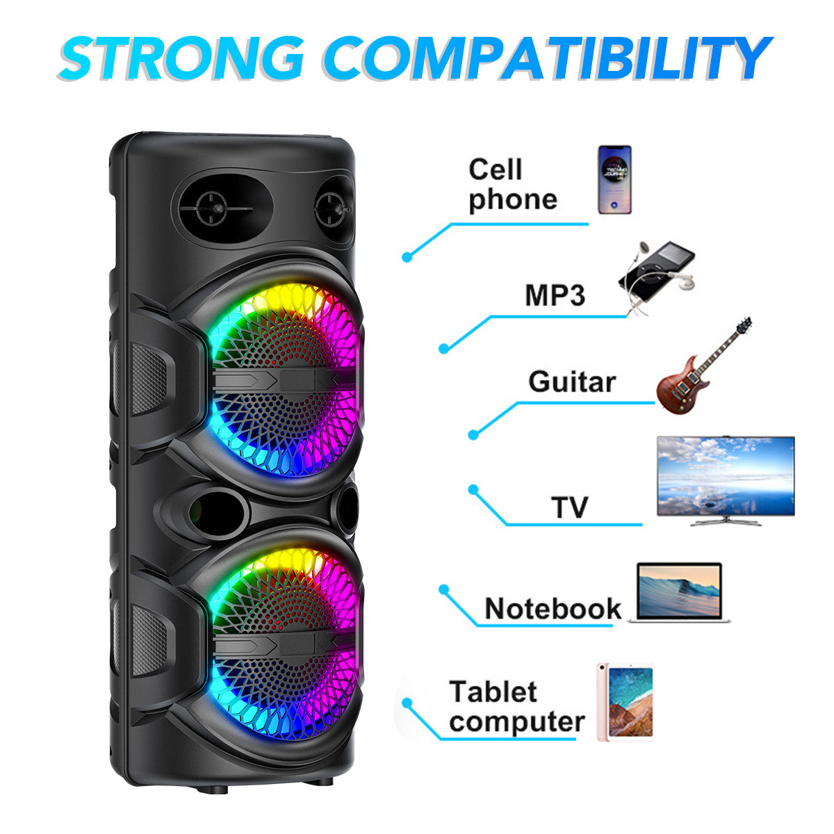 Portable Wireless PA Speaker, Bluetooth Speakers Loud Sound Powerful Subwoofer System, Support AUX USB FM Wired Microphone Audio Input, Built-in Rechargeable Battery Speaker with LED Light, Wired Microphone and Remote Control